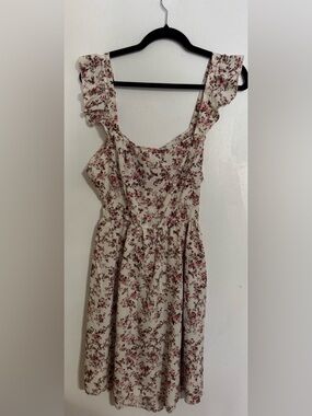 SHEIN Cream Dress with Pink Floral Print Size L or size 8-10 MIB